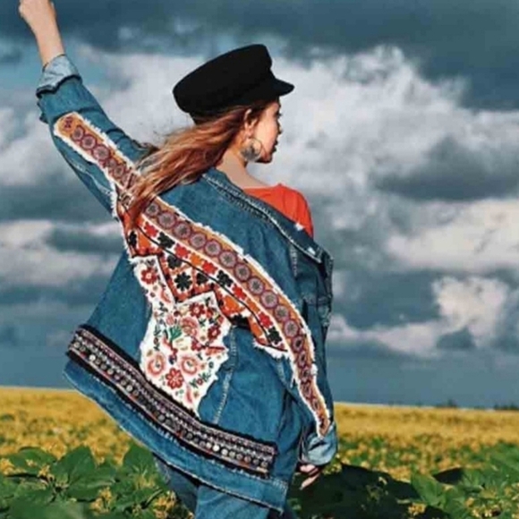 Oversized Embroidered,  Tribal Print, Jean Jacket - Picture 2 of 16